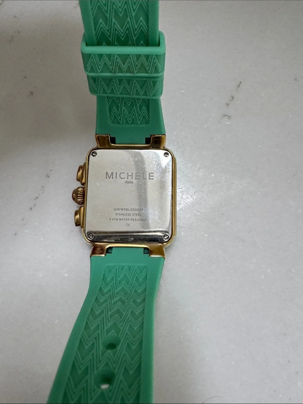 Michele Mint Green Silicone Strap Square Chronograph Watch with Gold Accents